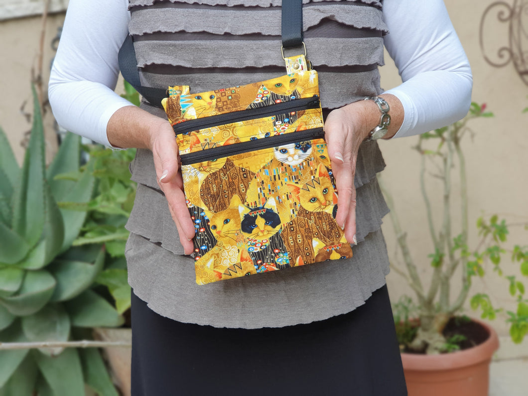 Small crossbody bag - cat print fabric zipper phone bag cat lover gift