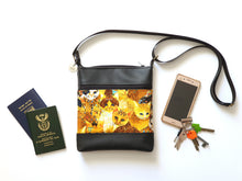 Load image into Gallery viewer, Black vegan leather and cat fabric small crossbody purse for cat lover
