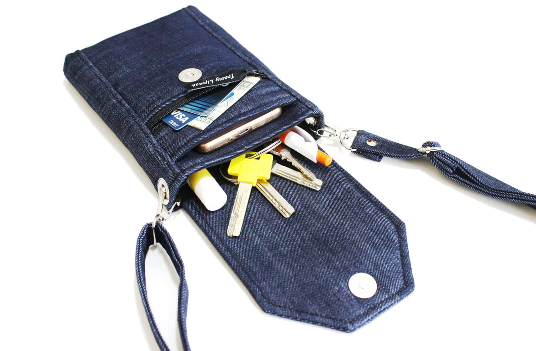 Denim phone bag with pockets for small everyday carry essentials