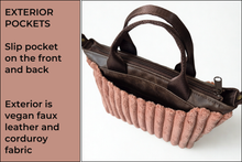 Load image into Gallery viewer, Brown vegan leather and pink velour corduroy mini tote bag
