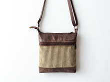Load image into Gallery viewer, Brown vegan leather and olive green corduroy small crossbody bag for women

