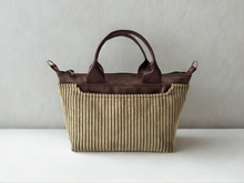 Load image into Gallery viewer, Brown vegan leather and olive green corduroy mini tote bag
