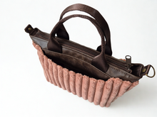 Load image into Gallery viewer, Brown vegan leather and pink velour corduroy mini tote bag
