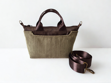 Load image into Gallery viewer, Brown vegan leather and olive green corduroy mini tote bag
