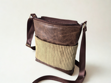 Load image into Gallery viewer, Brown vegan leather and olive green corduroy small crossbody bag for women
