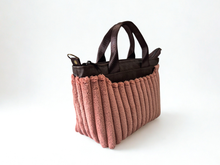 Load image into Gallery viewer, Brown vegan leather and pink velour corduroy mini tote bag
