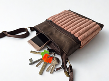 Load image into Gallery viewer, Brown vegan leather and pink chunky corduroy small crossbody bag for women
