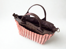 Load image into Gallery viewer, Brown vegan leather and pink velour corduroy mini tote bag

