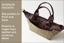 Load image into Gallery viewer, Brown vegan leather and olive green corduroy mini tote bag

