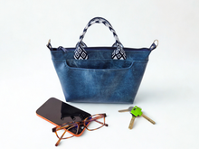 Load image into Gallery viewer, Blue Denim colored vegan faux leather small tote bag
