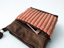 Load image into Gallery viewer, Brown vegan leather and pink chunky corduroy small crossbody bag for women
