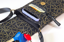 Load image into Gallery viewer, Black and gold fabric small crossbody cell phone purse vegan phone bag
