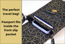 Load image into Gallery viewer, Black and gold fabric small crossbody cell phone purse vegan phone bag
