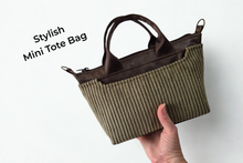 Load image into Gallery viewer, Brown vegan leather and olive green corduroy mini tote bag
