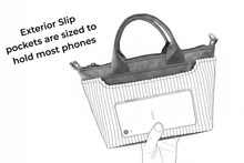 Load image into Gallery viewer, Brown vegan leather and olive green corduroy mini tote bag
