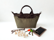 Load image into Gallery viewer, Brown vegan leather and olive green corduroy mini tote bag

