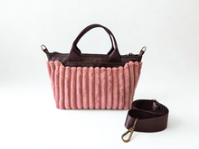 Load image into Gallery viewer, Brown vegan leather and pink velour corduroy mini tote bag
