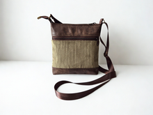 Load image into Gallery viewer, Brown vegan leather and olive green corduroy small crossbody bag for women
