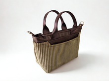 Load image into Gallery viewer, Brown vegan leather and olive green corduroy mini tote bag

