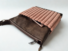 Load image into Gallery viewer, Brown vegan leather and pink chunky corduroy small crossbody bag for women

