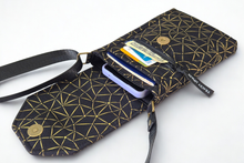 Load image into Gallery viewer, Black and gold fabric small crossbody cell phone purse vegan phone bag
