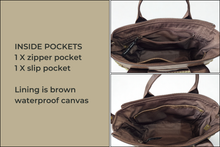 Load image into Gallery viewer, Brown vegan leather and olive green corduroy mini tote bag
