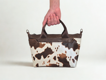 Load image into Gallery viewer, Brown vegan faux cow leather small tote bag
