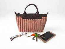 Load image into Gallery viewer, Brown vegan leather and pink velour corduroy mini tote bag
