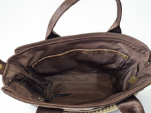 Load image into Gallery viewer, Brown vegan leather and olive green corduroy mini tote bag
