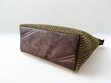 Load image into Gallery viewer, Brown vegan leather and olive green corduroy mini tote bag
