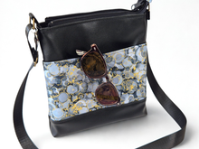 Load image into Gallery viewer, Gray, black, and metallic gold vegan leather small crossbody purse for women with pockets
