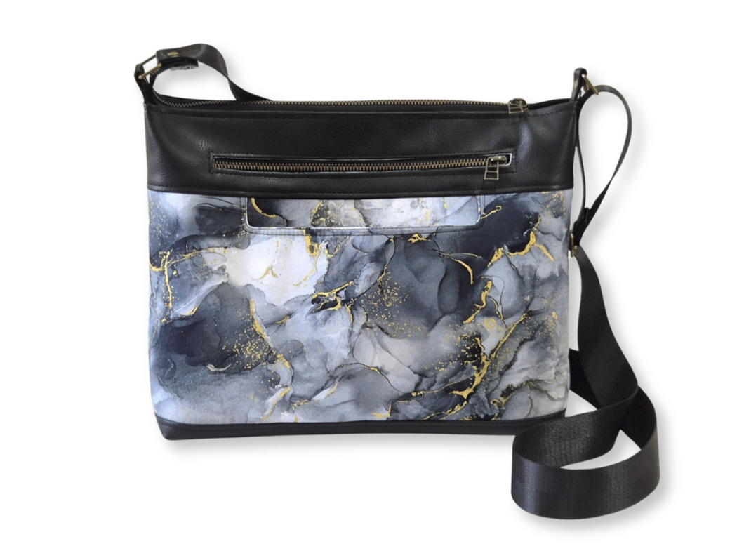 Grey vegan friendly faux leather and fabric medium cross body purse