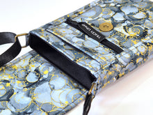 Load image into Gallery viewer, Gray black and gold fabric small crossbody cell phone purse for women
