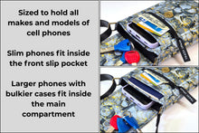 Load image into Gallery viewer, Gray black and gold fabric small crossbody cell phone purse for women
