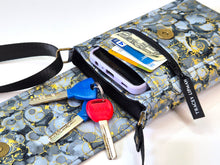 Load image into Gallery viewer, Gray black and gold fabric small crossbody cell phone purse for women
