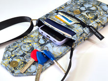 Load image into Gallery viewer, Gray black and gold fabric small crossbody cell phone purse for women

