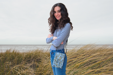 Load image into Gallery viewer, Gray black and gold fabric small crossbody cell phone purse for women
