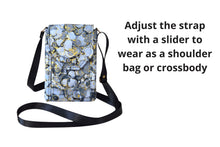 Load image into Gallery viewer, Gray black and gold fabric small crossbody cell phone purse for women
