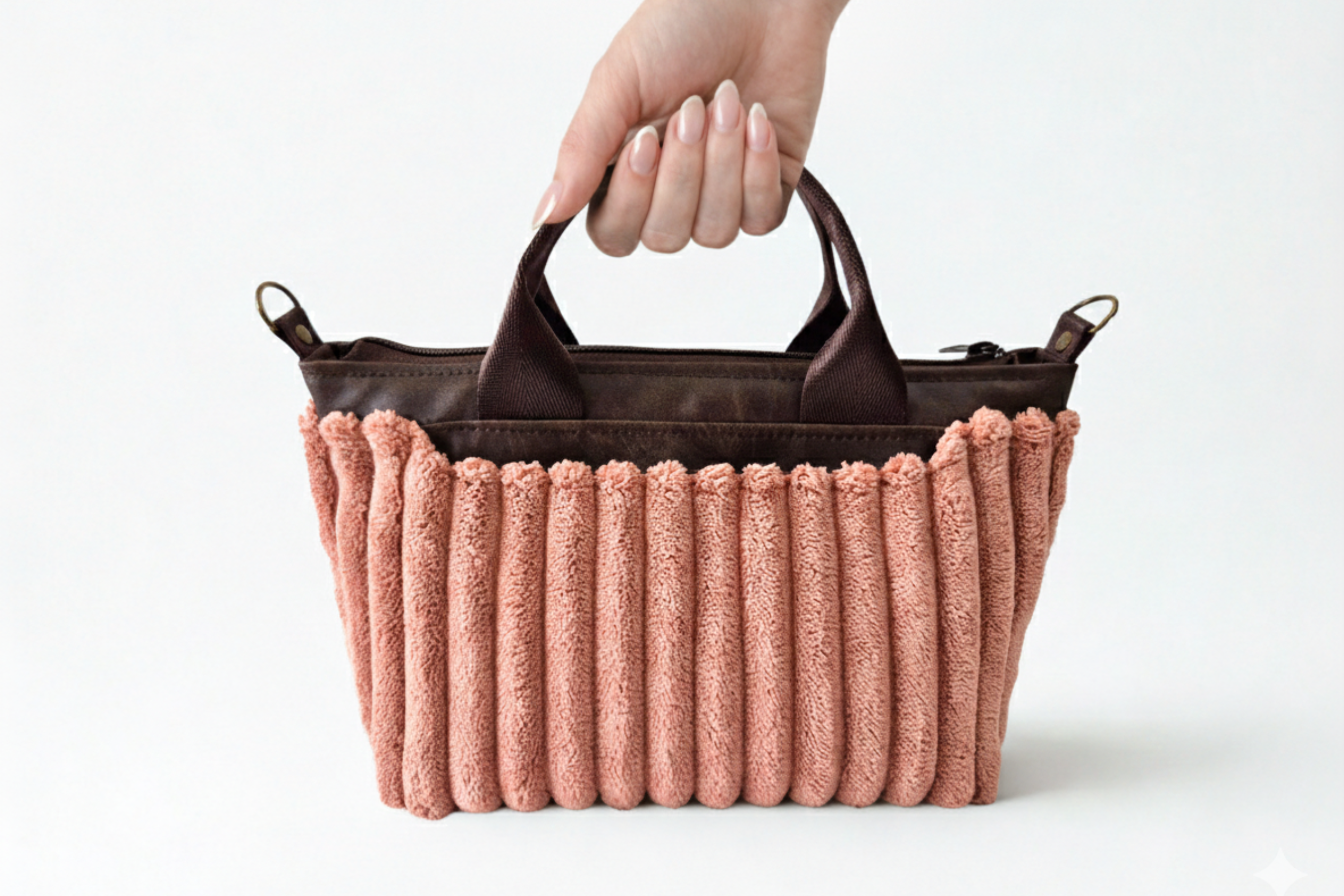 Brown vegan leather and pink velour corduroy mini tote bag
