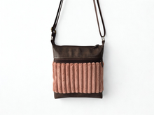Load image into Gallery viewer, Brown vegan leather and pink chunky corduroy small crossbody bag for women
