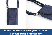 Load image into Gallery viewer, Denim phone bag with pockets for small everyday carry essentials
