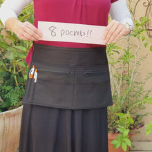 Load and play video in Gallery viewer, Black half apron with two zipper pockets for waitress server vendor
