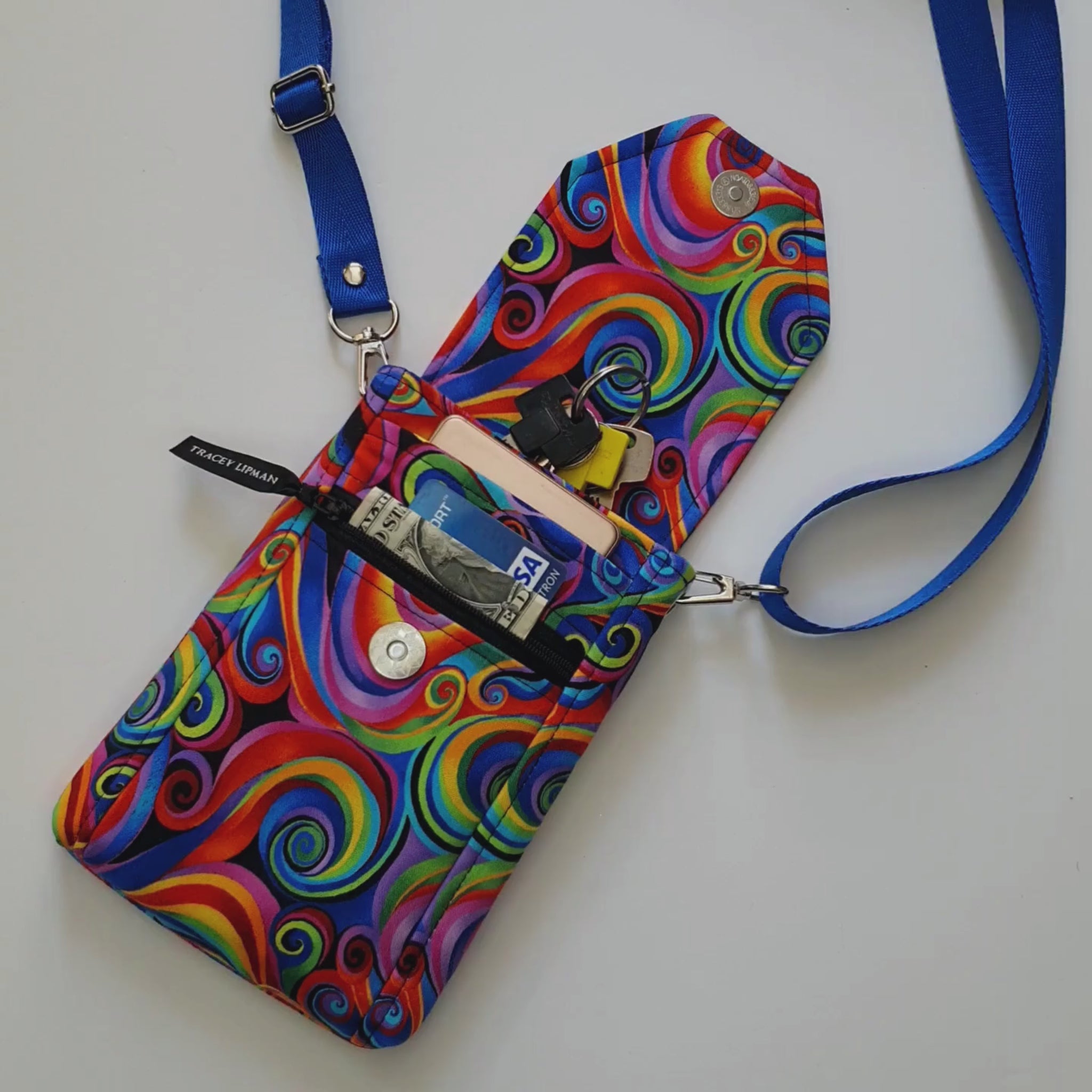 Cross body cell phone purse - colorful spiral shell fabric phone bag –  Tracey Lipman