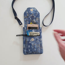 Load and play video in Gallery viewer, Blue fabric cell phone bag with pockets - minimalist crossbody purse
