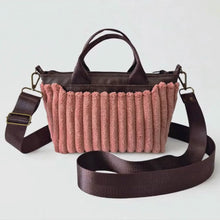 Load and play video in Gallery viewer, Brown vegan leather and pink velour corduroy mini tote bag
