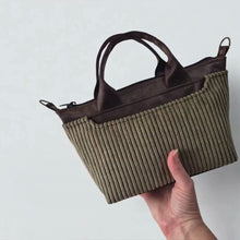 Load and play video in Gallery viewer, Brown vegan leather and olive green corduroy mini tote bag
