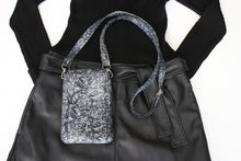 Load image into Gallery viewer, Crossbody phone purse - gray and black fabric with metallic silver
