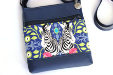 Load image into Gallery viewer, Blue vegan leather and zebra print fabric small crossbody bag for women
