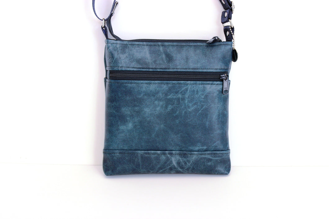 Denim blue vegan leather small crossbody bag for women with phone pocket