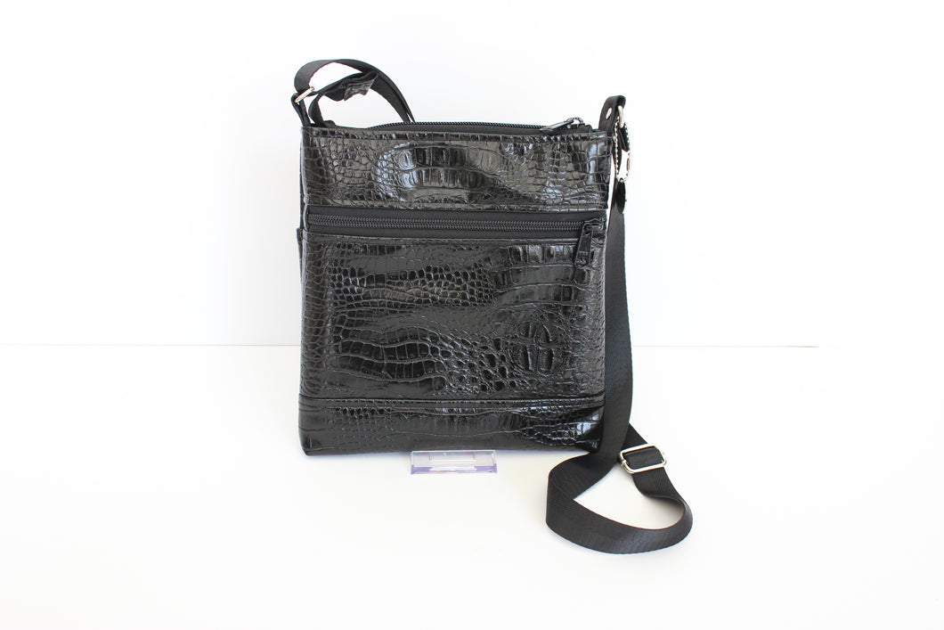 Black patent crocodile vegan leather small crossbody bag for women